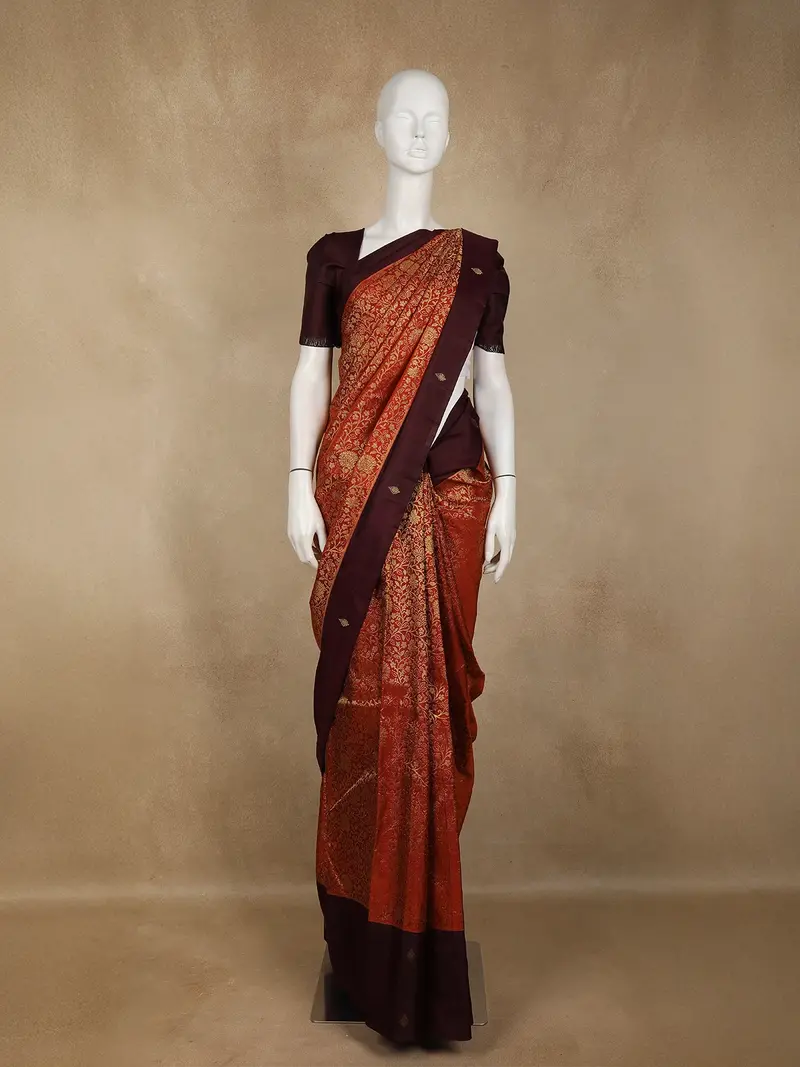 Brick Red Floral Zari Woven Design Pure Kanchipuram Silk Saree With Contrast Maroon Border 1