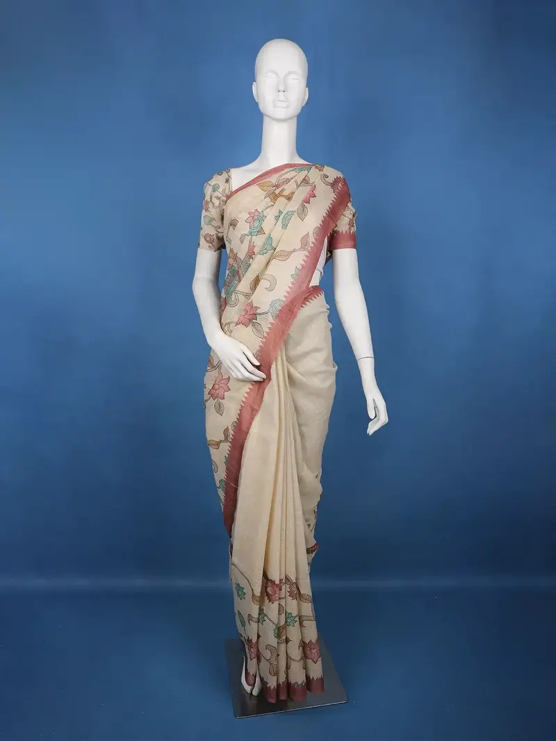 Brick Red Kalamkari Inspired Floral Printed Cotton Saree 1