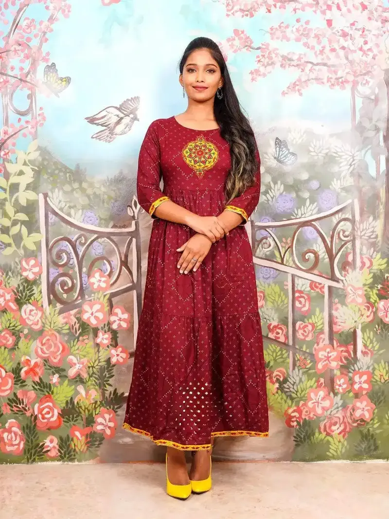 Brick Red Round Motif Embroidery Elbow Sleeve Anarkali Kurti 1