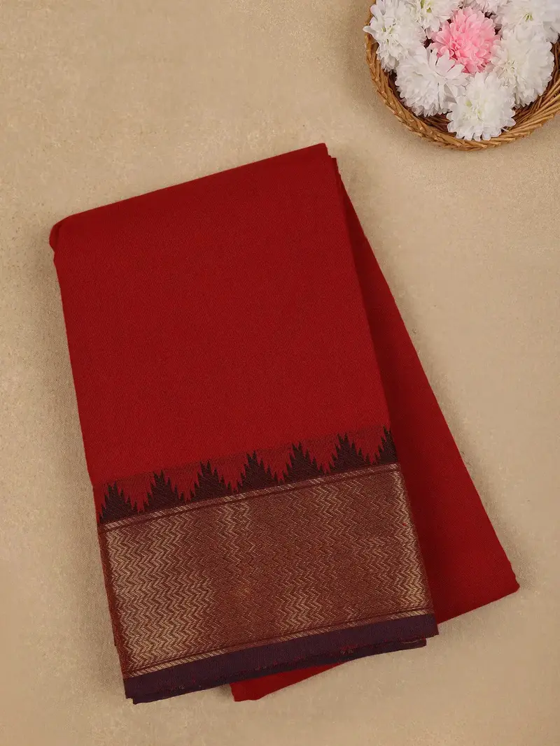 Brick Red Solid Cotton Fancy Saree 1