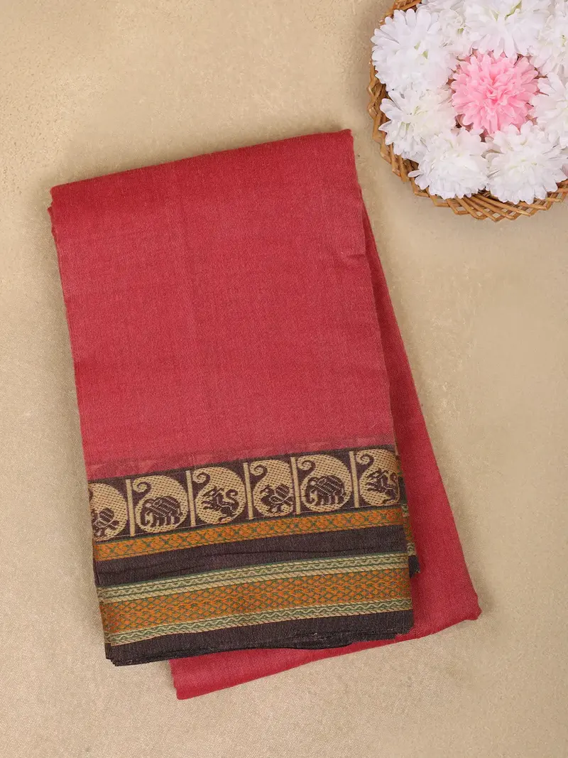 Brick Red Solid Design Cotton Saree With Contrast Border 1