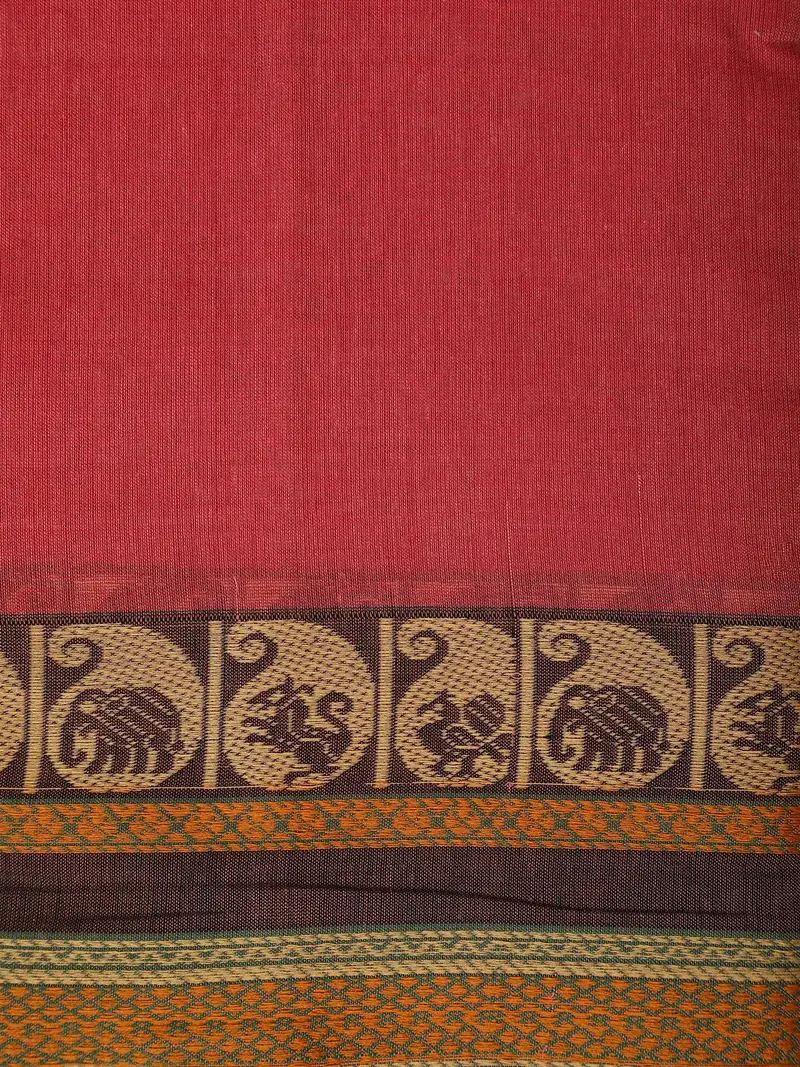 Brick Red Solid Design Cotton Saree With Contrast Border 2