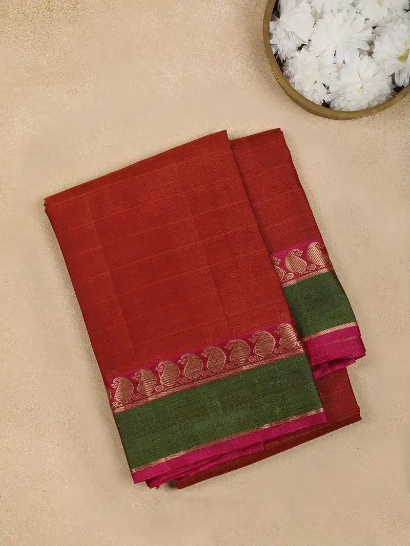 Brick Red Stripes Woven Pure Kanchipuram Silk Saree 1