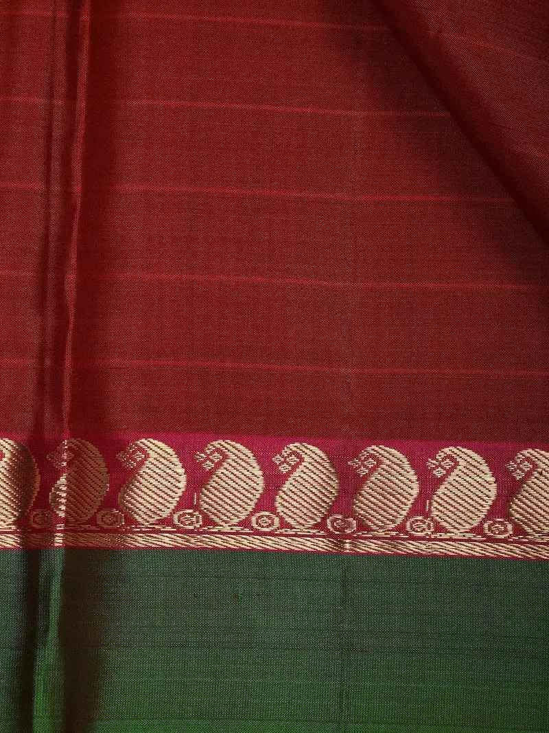 Brick Red Stripes Woven Pure Kanchipuram Silk Saree 2