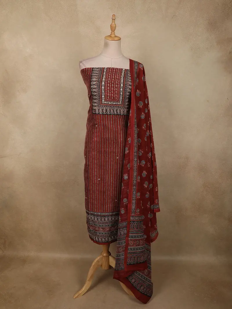 Brick Red Traditional Ajrakh Printed Design Cotton Unstitched Salwar Material With Dupatta 1