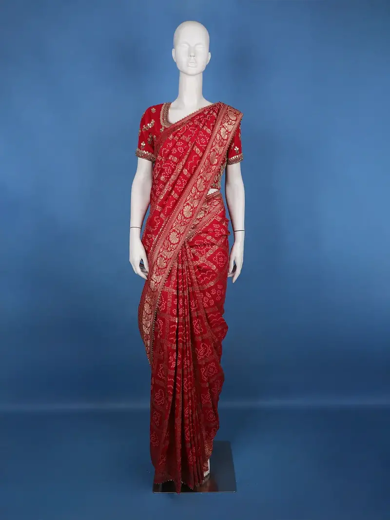 Bridal Red Print Woven Zari Border Bandhani Saree 1