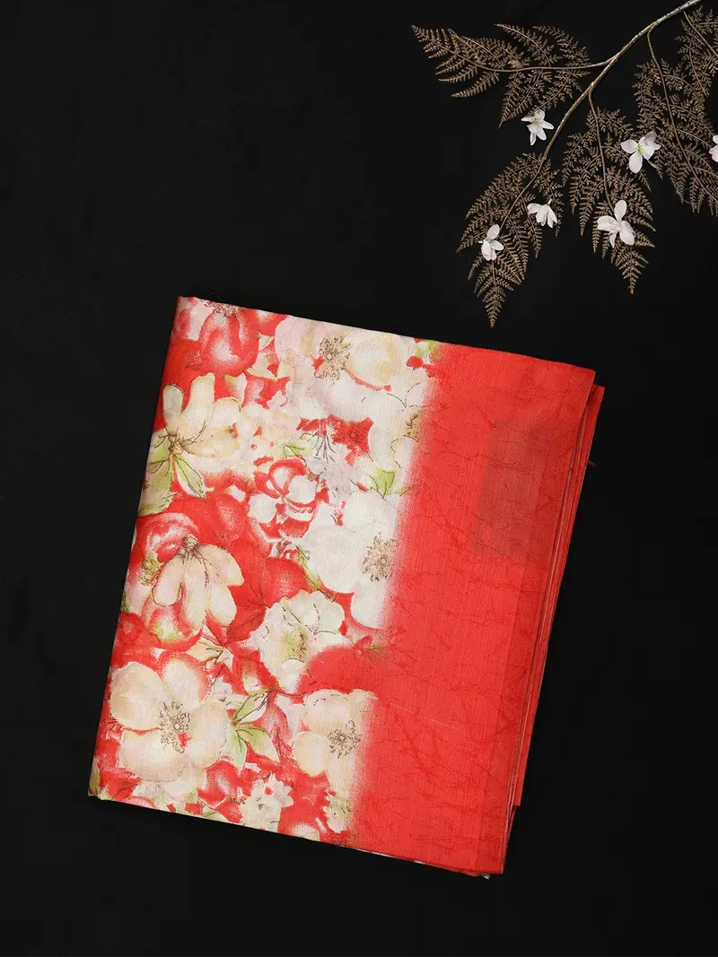Bright Coral Red Floral Woven Design Blended Cotton Saree 1