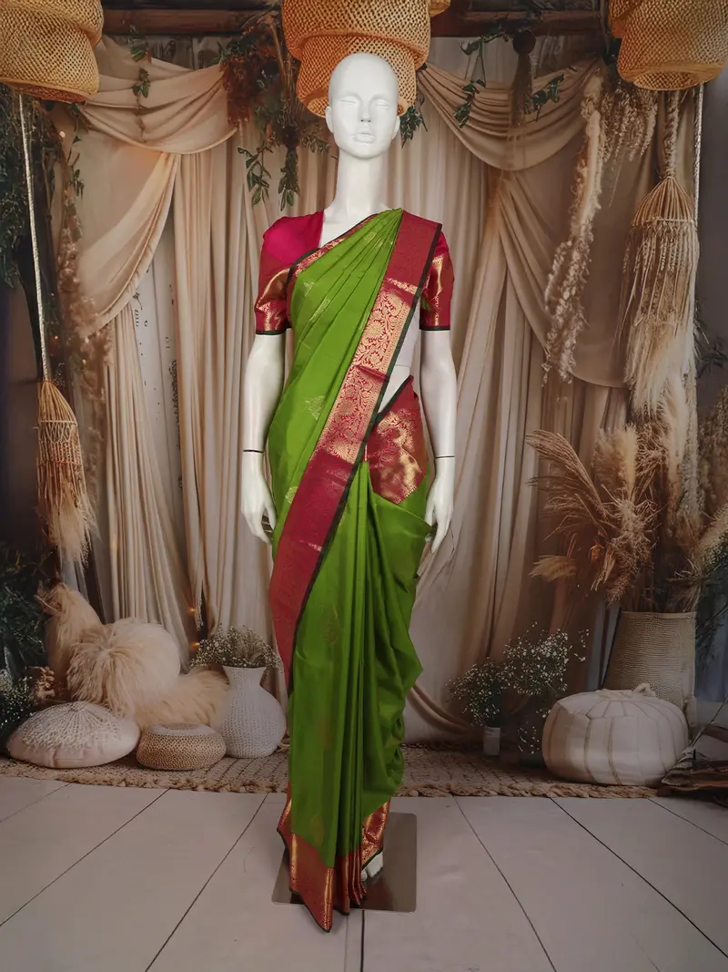Bright Leaf Green Traditional Butta Woven Design Pure Kanchipuram Silk Saree With Contrast  Zari Border 1