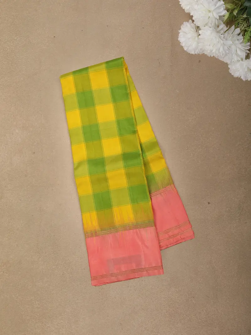 Bright Lemon Yellow And Parrot Green Checked Woven Design Kanchipuram Silk Saree With Contrast Border 1