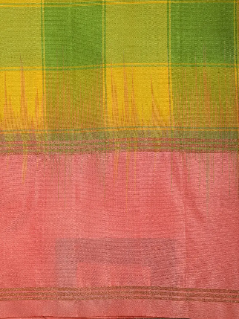 Bright Lemon Yellow And Parrot Green Checked Woven Design Kanchipuram Silk Saree With Contrast Border 2