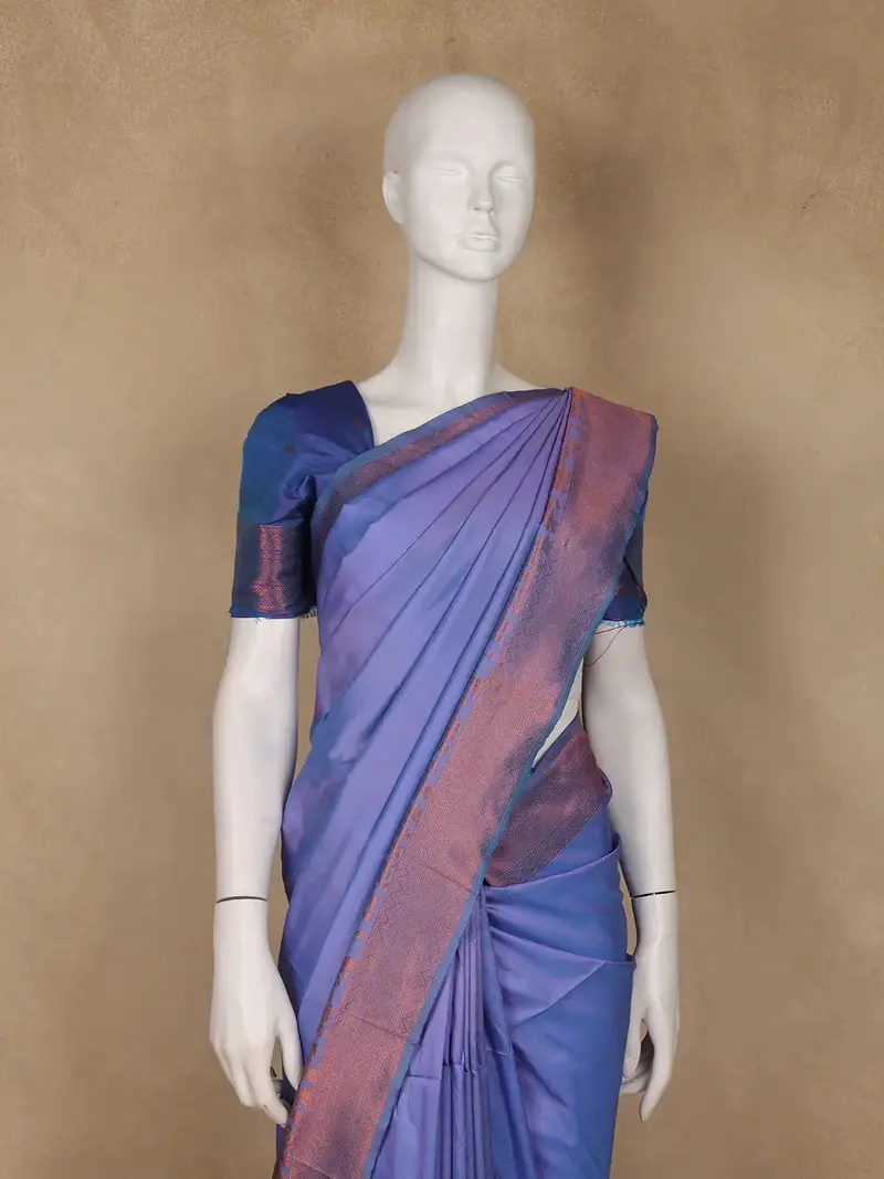 Bright Lilac Plain Semi Silk Saree With Contrast Copper Zari Border 2