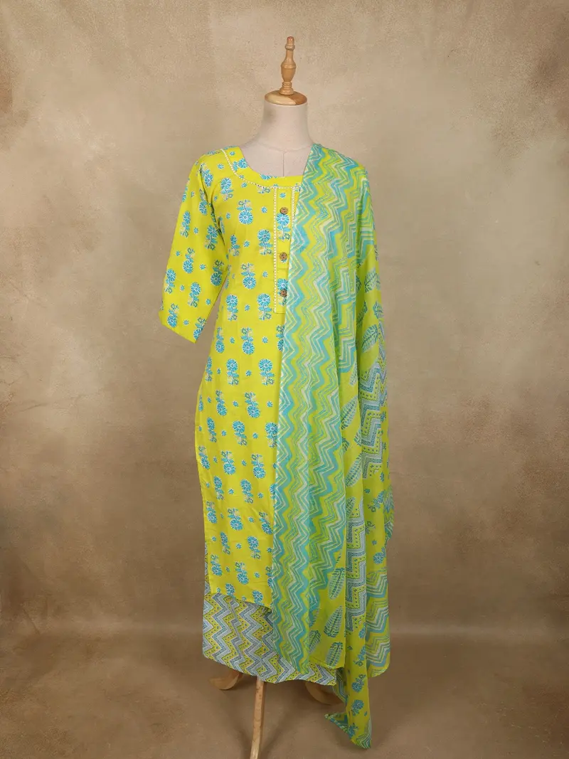 Bright Lime Yellow Floral Butta Printed Design Cotton Straight Cut Salwar Suit With Dupatta 1