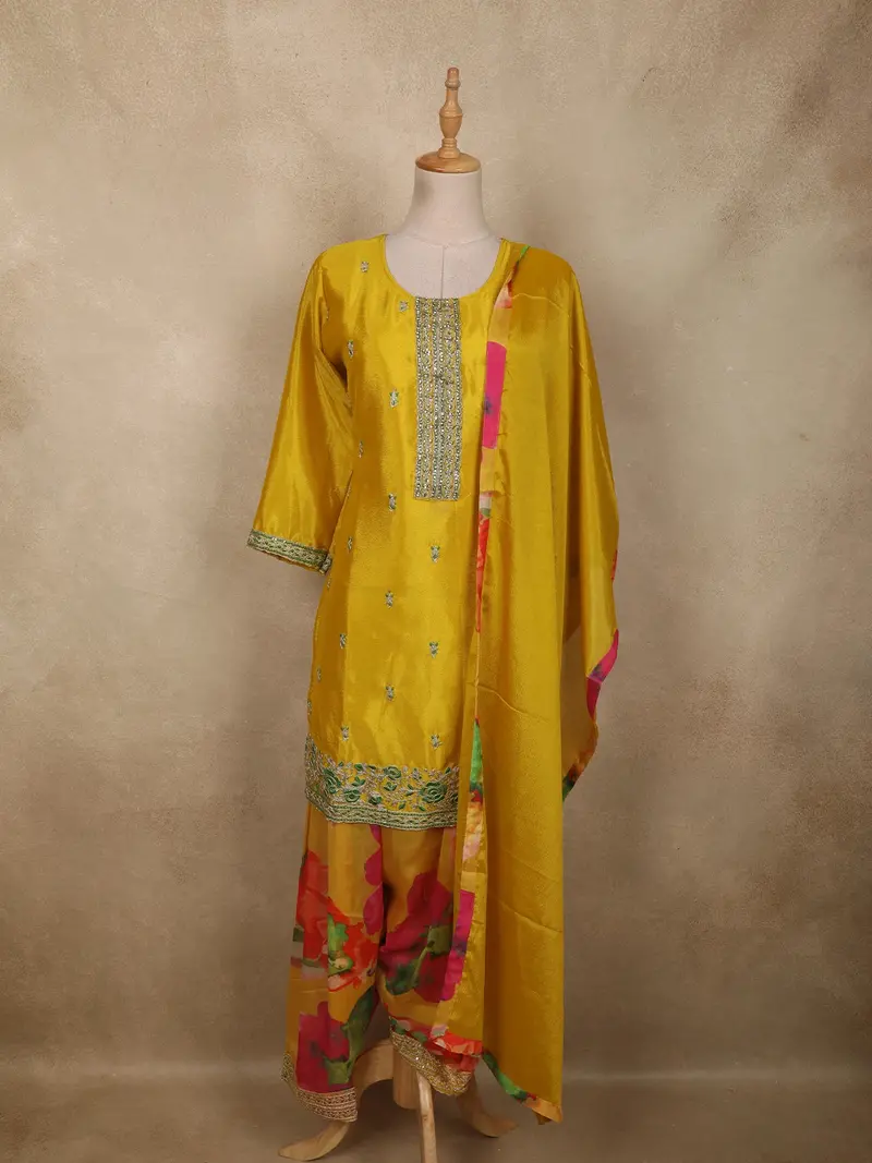 Bright Marigold Yellow Floral Zari Embroidered Design Crepe Salwar Suit With Dupatta 1