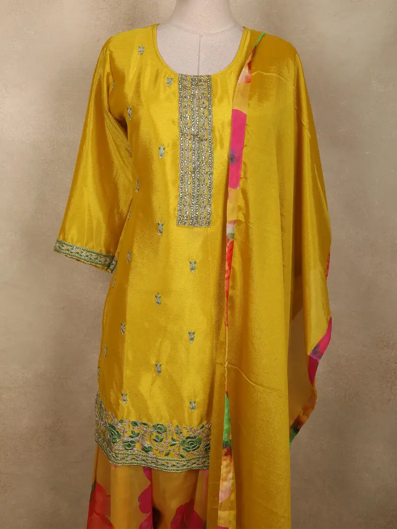 Bright Marigold Yellow Floral Zari Embroidered Design Crepe Salwar Suit With Dupatta 2