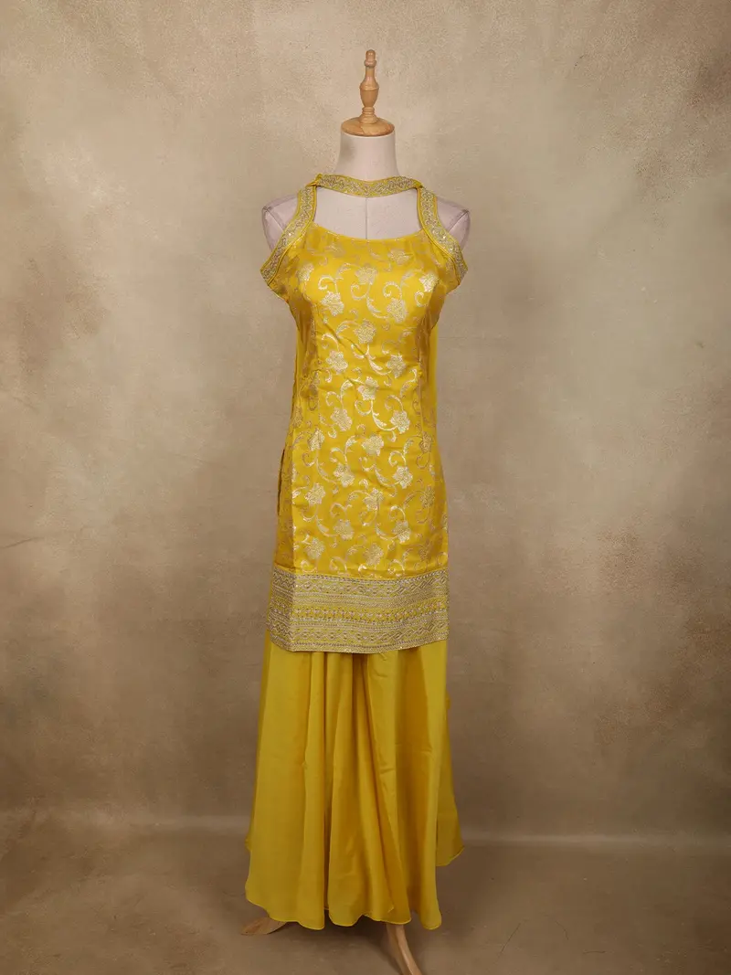 Bright Marigold Yellow Floral Zari Woven Design Banarasi Silk Palazzo Suit With Choker Dupatta 1