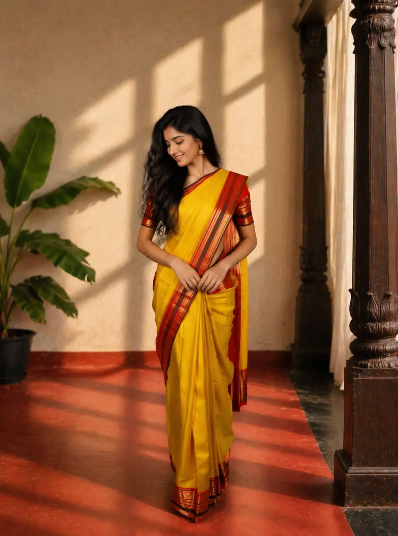 Bright Mustard Yellow Butta Zari Woven Design Pure Kanchipuram Silk Saree With Contrast Double Zari Border 1