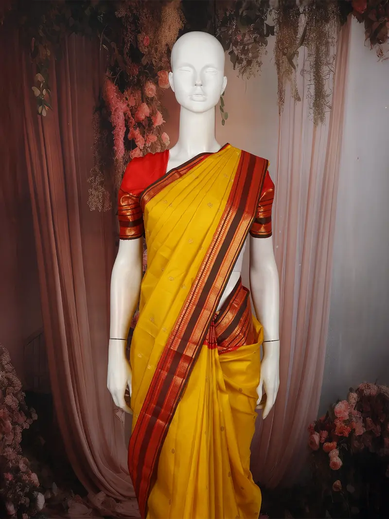 Bright Mustard Yellow Butta Zari Woven Design Pure Kanchipuram Silk Saree With Contrast Double Zari Border 2