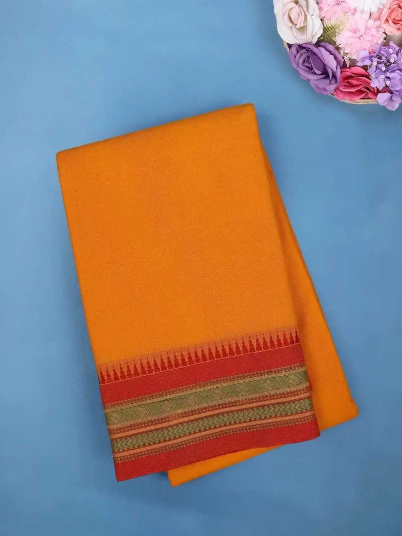 Bright Mustard Yellow Cotton Saree With Red Tribal Woven Border 1