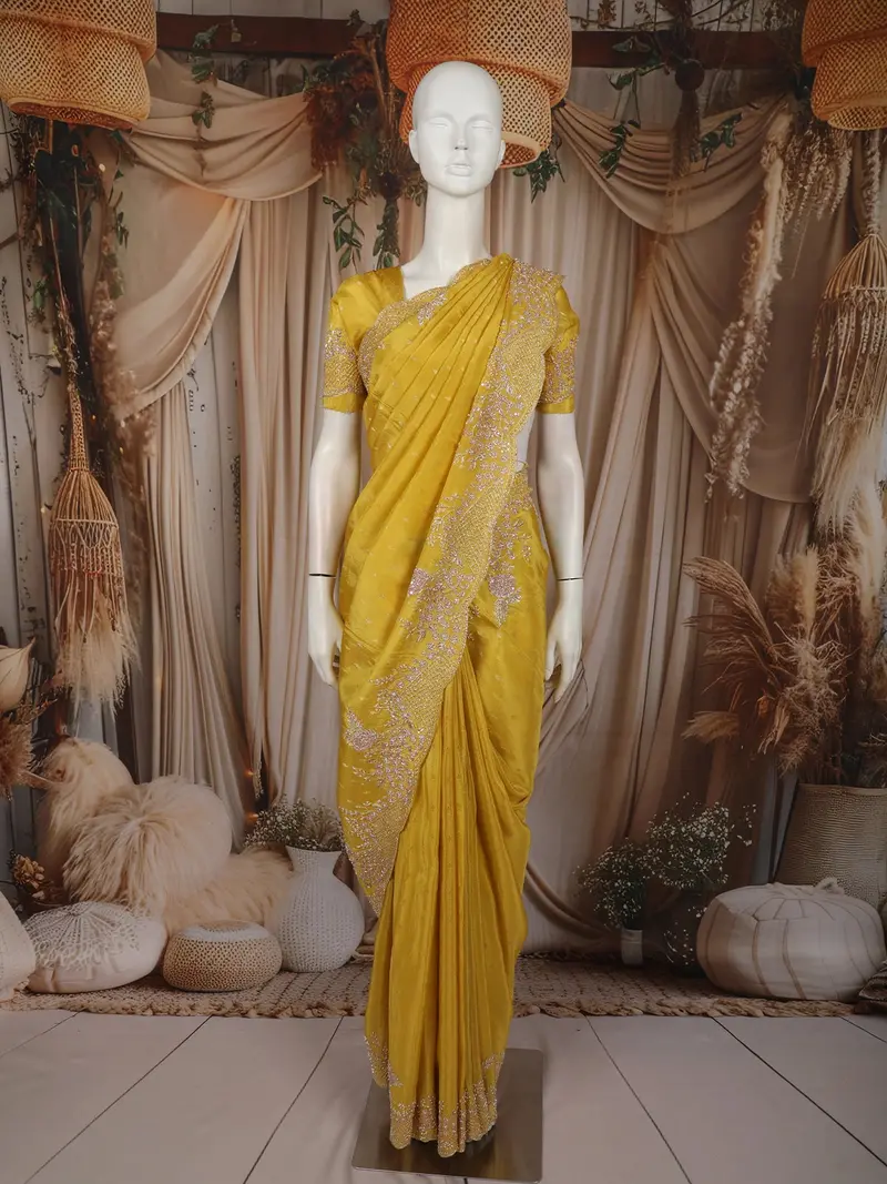 Bright Mustard Yellow Floral Sequins And Zardozi Embroidered Design Pure Tissue Designer Saree With Scalloped Border 1