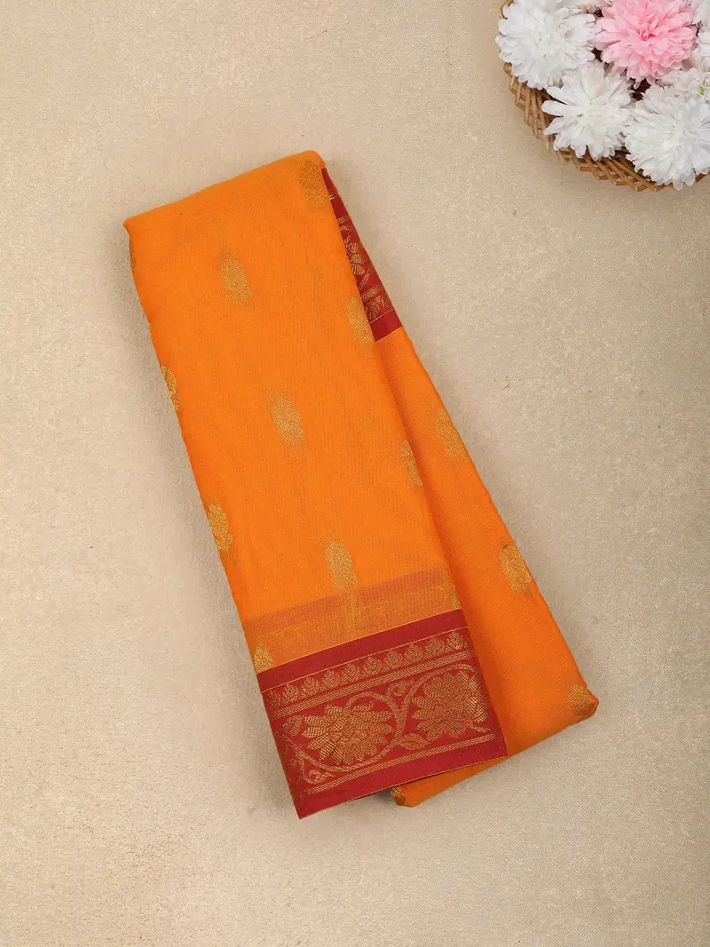 Bright Orange Butta Woven Design Cotton Saree With Contrast Border 1