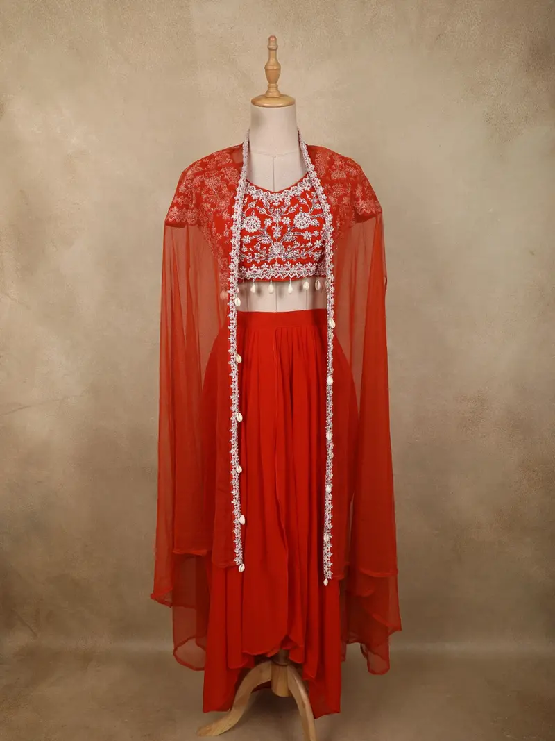 Bright Orange Floral Beads Embroidered Design Georgette Party Wear Skirt Top 1
