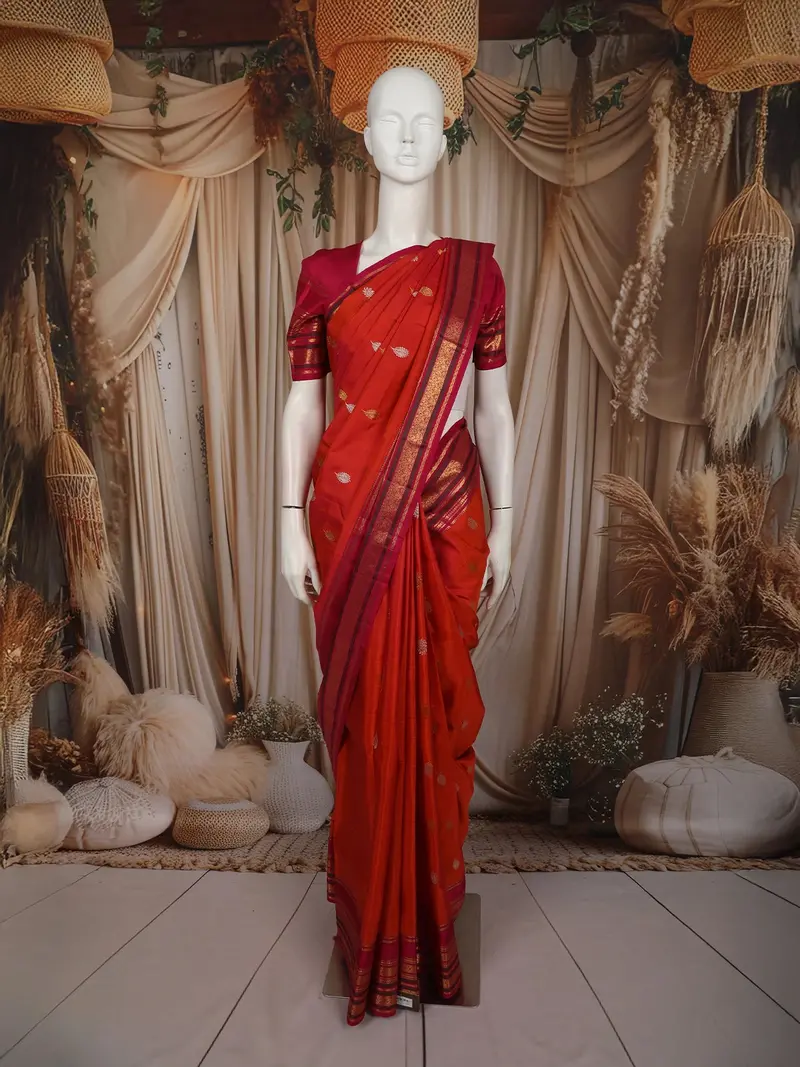 Bright Orange Floral Butta Zari Woven Design Pure Kanchipuram Silk Saree With Contrast Zari Border 1
