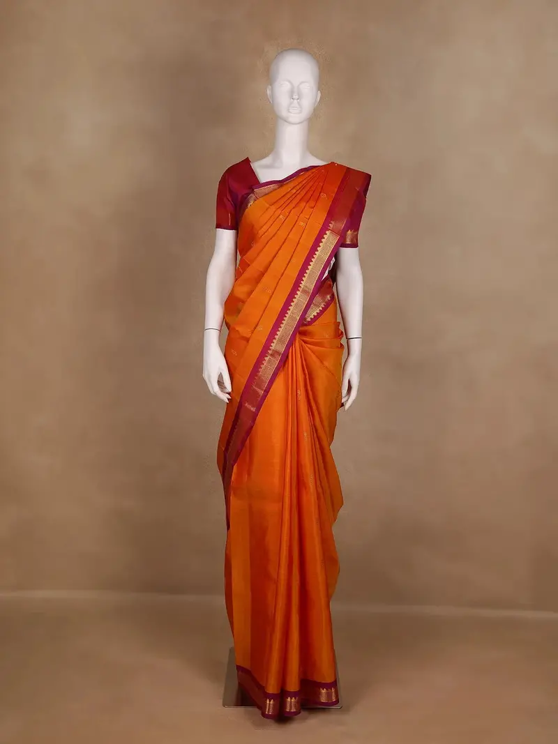 Bright Orange Floral Design Kanchipuram Silk Saree 1