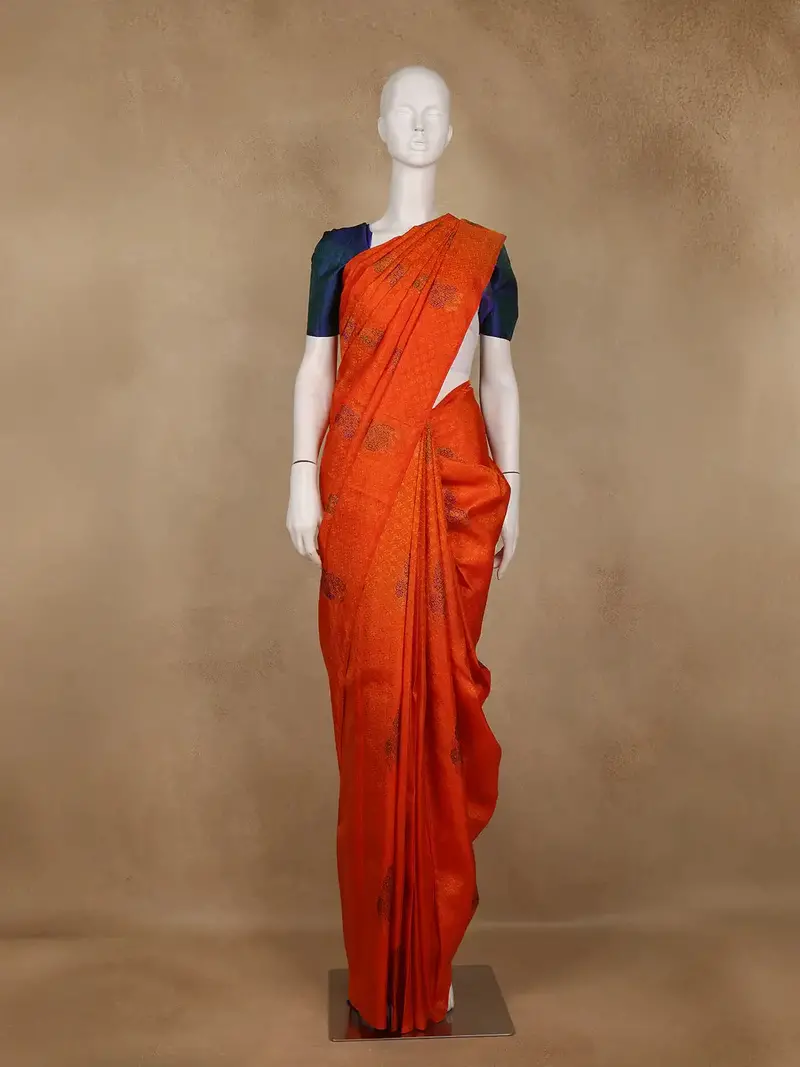 Bright Orange Floral Designed Silk Saree 1