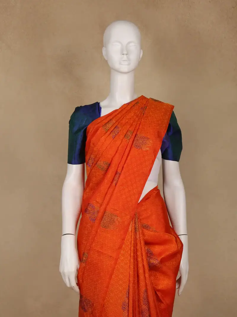 Bright Orange Floral Designed Silk Saree 2