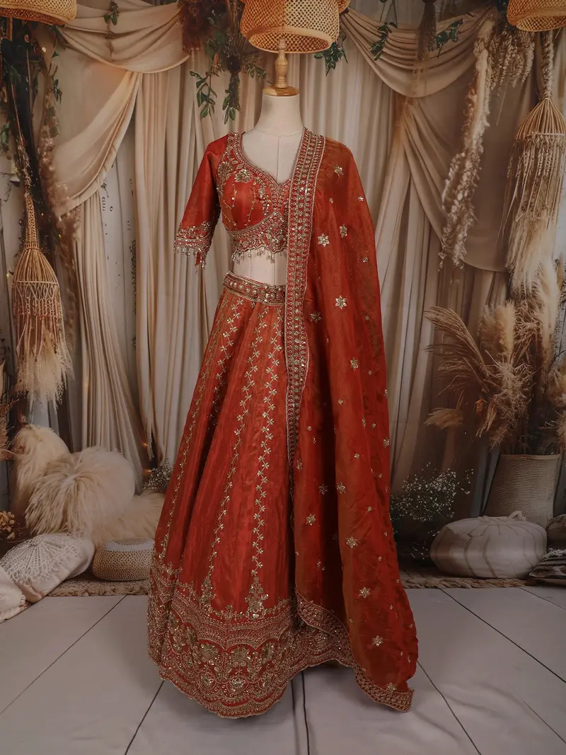 Bright Orange Floral Sequins And Zari Embroidered Design Tissue Silk Designer Lehenga With Dupatta 1
