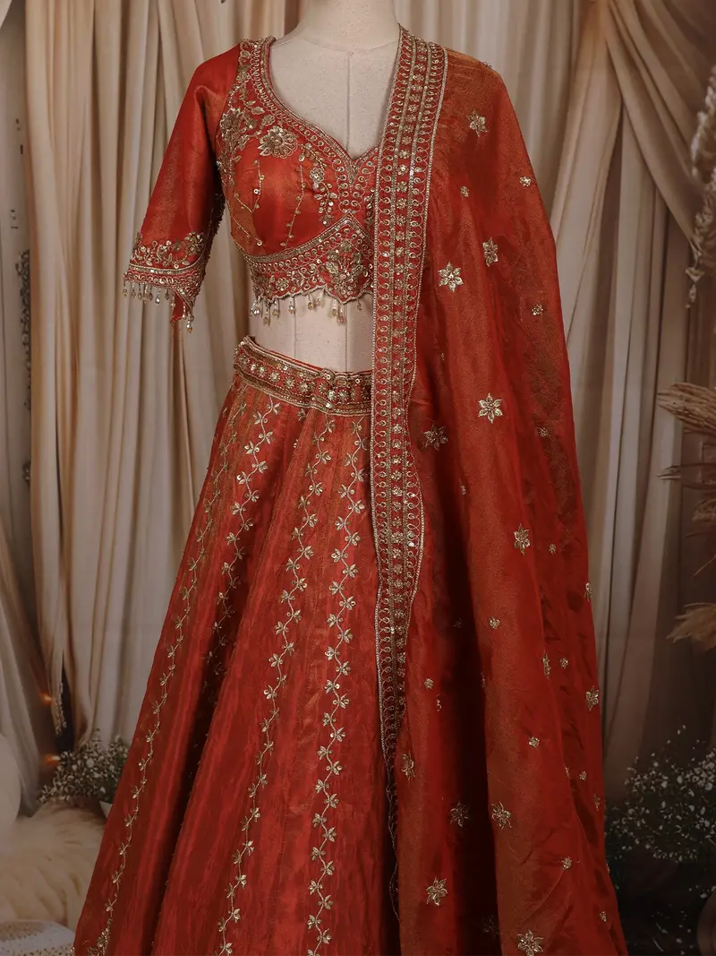 Bright Orange Floral Sequins And Zari Embroidered Design Tissue Silk Designer Lehenga With Dupatta 2