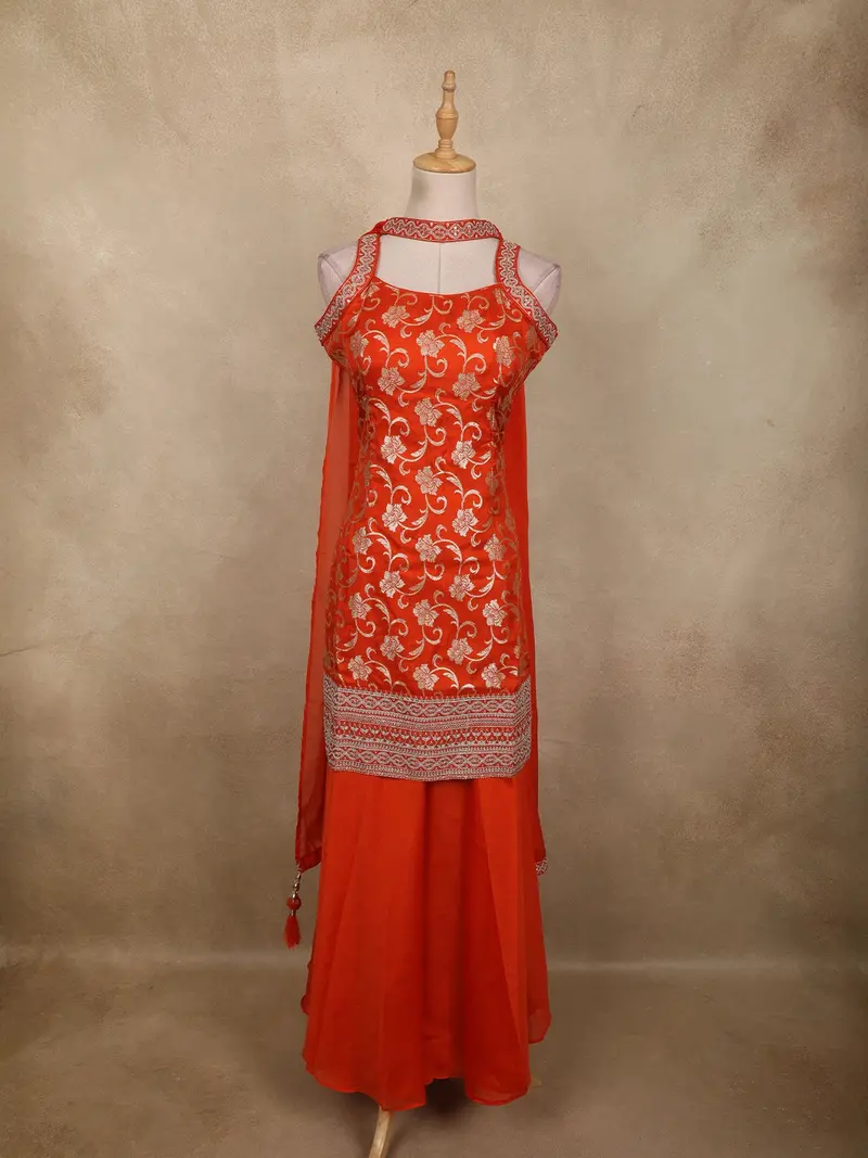 Bright Orange Floral Zari Woven Design Banarasi Silk Palazzo Suit With Choker Dupatta 1