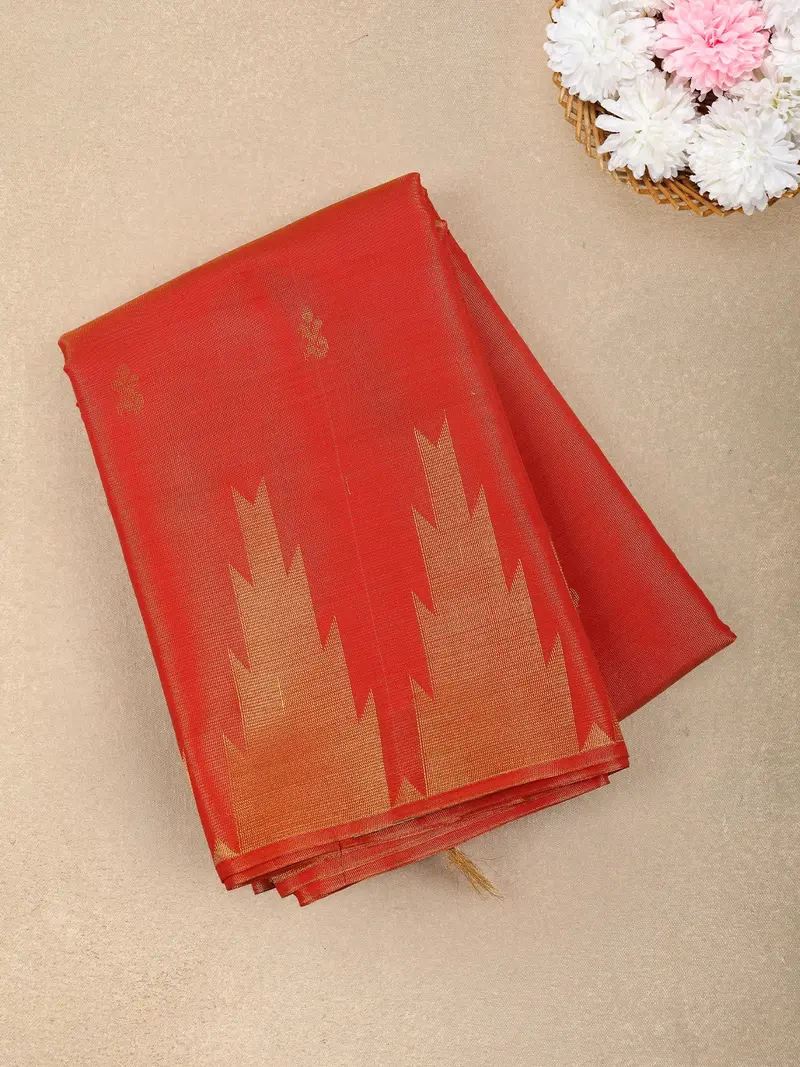 Bright Orange Gold Zari Woven Design Design Tissue Saree With Temple Border 1