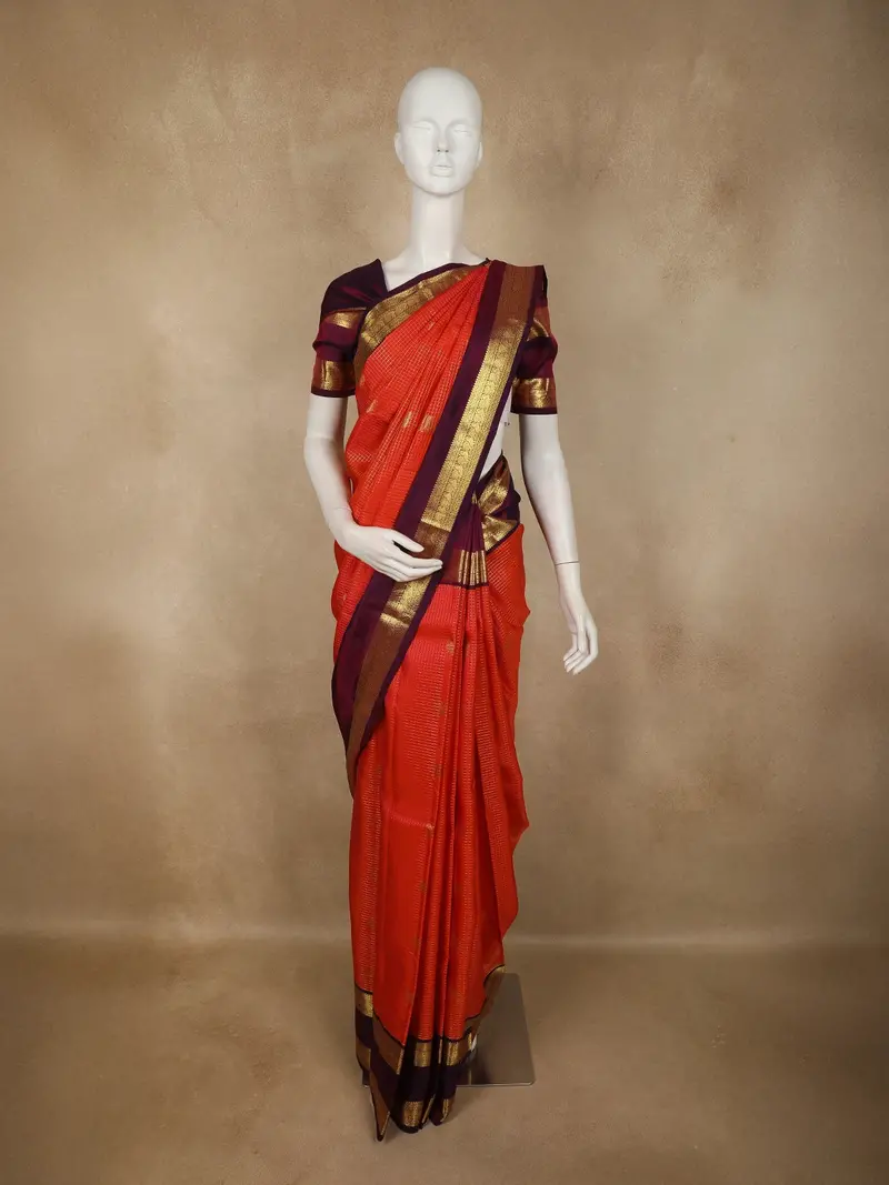 Bright Orange Mini Checked Zari Woven Design Pure Kanchipuram Silk Saree With Contrast Zari Border 1