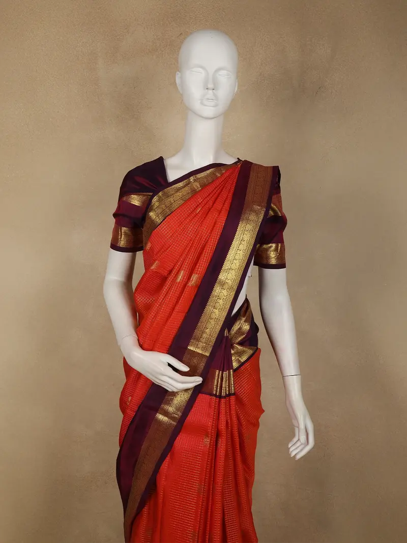 Bright Orange Mini Checked Zari Woven Design Pure Kanchipuram Silk Saree With Contrast Zari Border 2