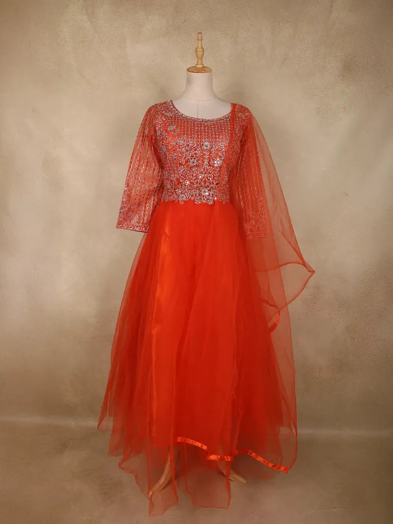 Bright Orange Mirror And Thread Embroidered Design Net Gown With Dupatta 1