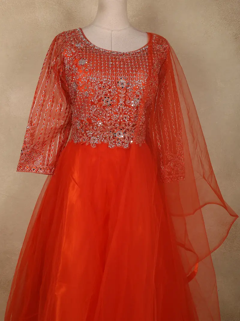 Bright Orange Mirror And Thread Embroidered Design Net Gown With Dupatta 2