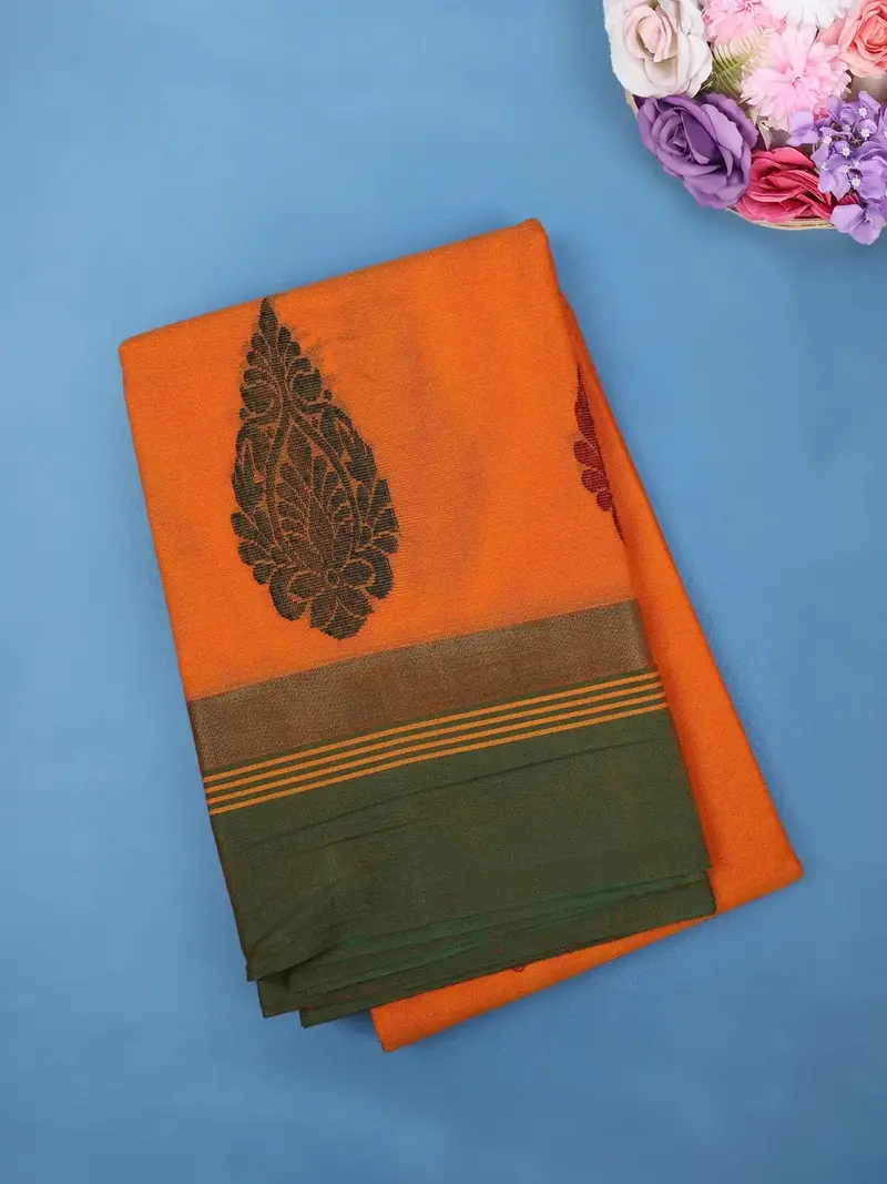 Bright Orange Paisley Design Cotton Saree With Green Woven Border 1
