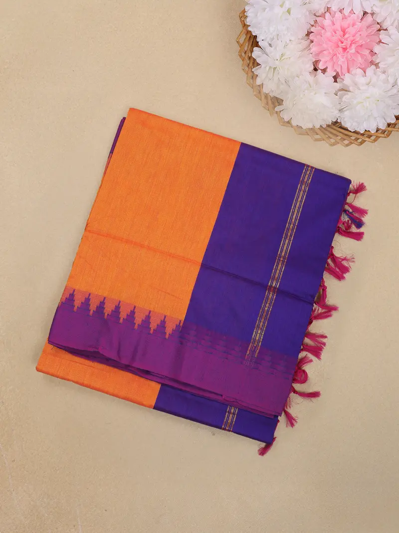 Bright Orange Solid Design Kalyani Cotton Saree With Contrast Temple Border 1