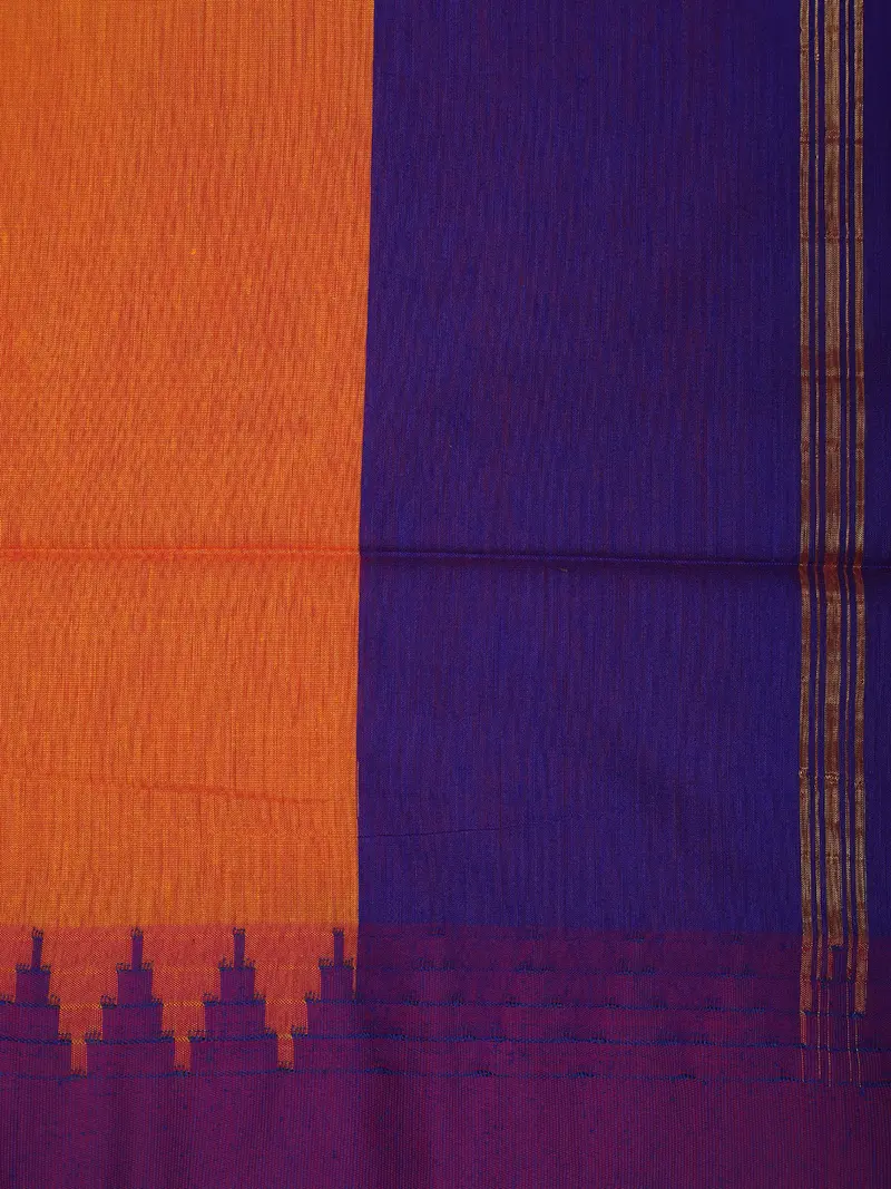 Bright Orange Solid Design Kalyani Cotton Saree With Contrast Temple Border 2