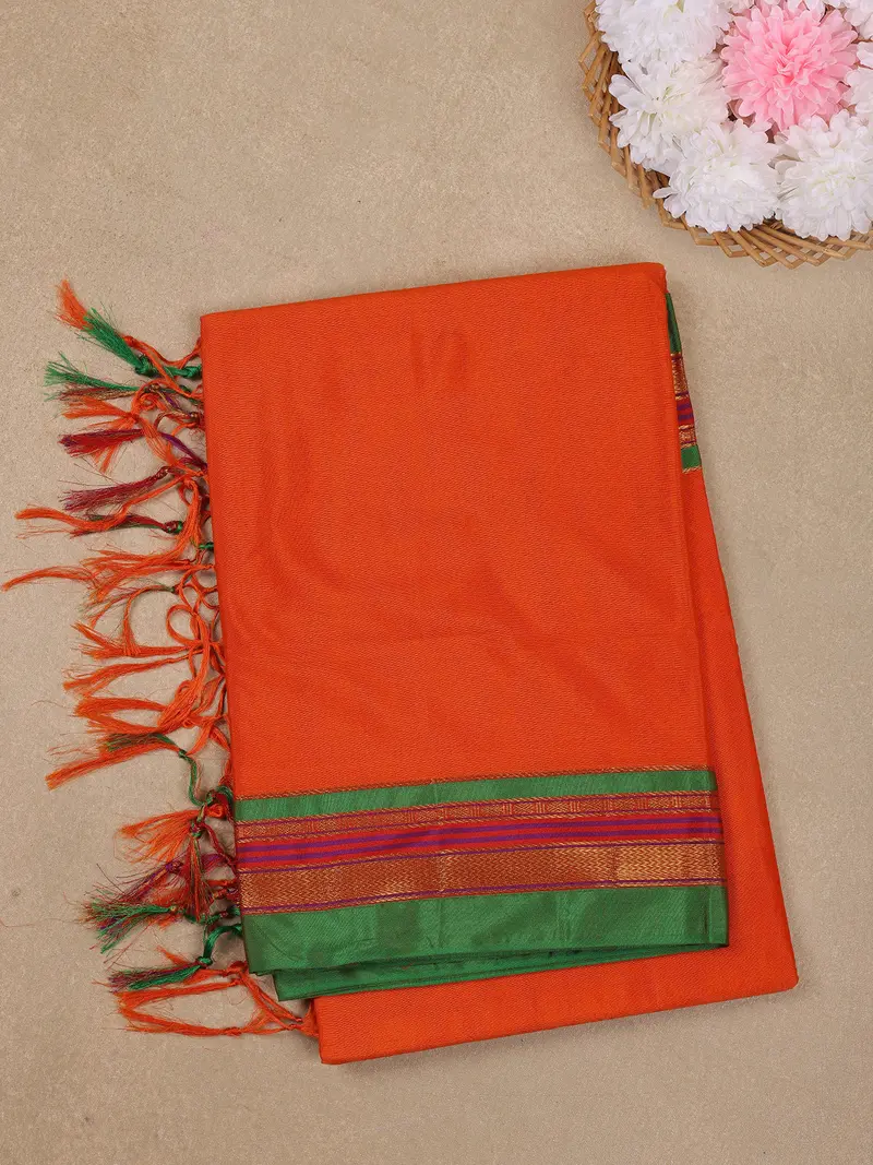 Bright Orange Solid Design Semi Silk Cotton Saree With Contrast Border 1