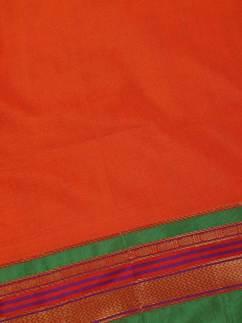 Bright Orange Solid Design Semi Silk Cotton Saree With Contrast Border 2