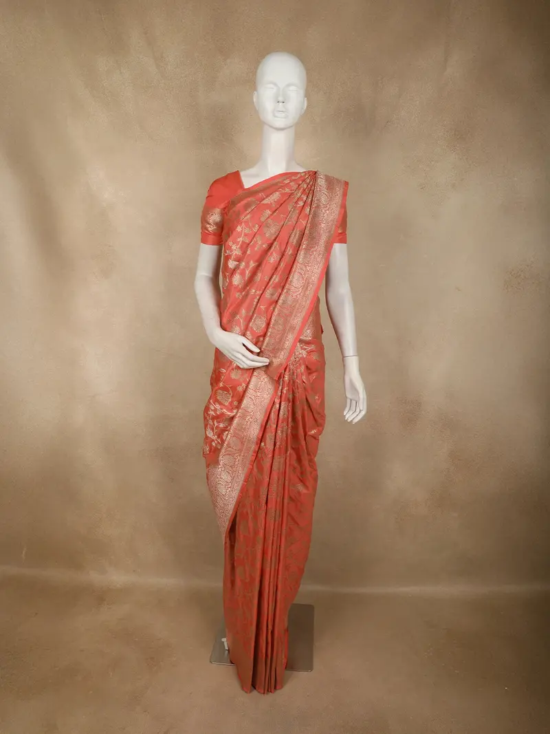Bright Peach Floral Zari Woven Design Pure Banarasi Silk Saree With Zari Border 1
