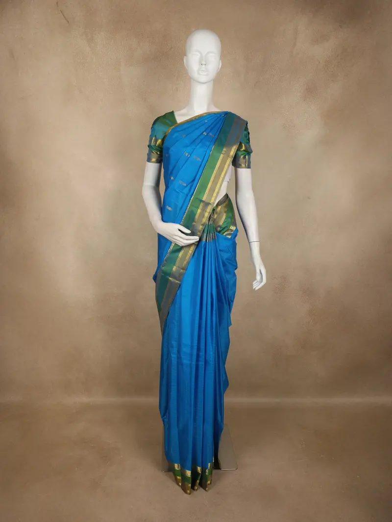 Bright Peacock Blue Striped Woven Design Kanchipuram Silk Saree With Contrast Zari Border 1
