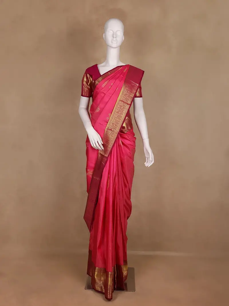 Bright Pink Floral Zari Woven Kanchipuram Silk Saree 1