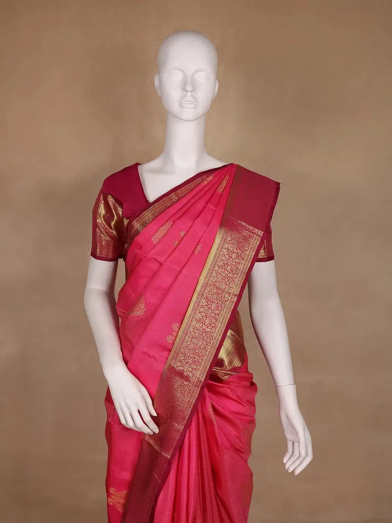 Bright Pink Floral Zari Woven Kanchipuram Silk Saree 2