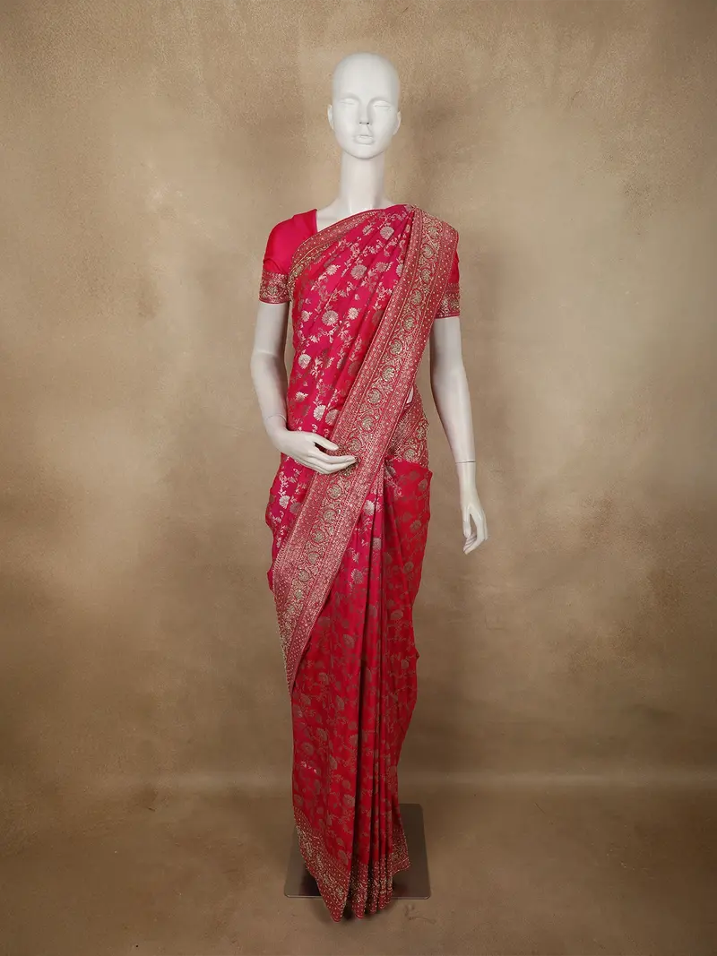 Bright Rani Pink Floral Zari Woven Design Pure Banarasi Silk Designer Saree With Zardozi Work Border 1