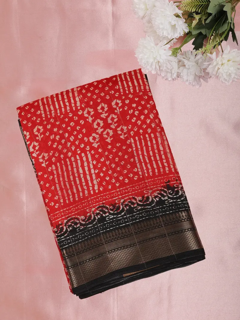 Bright Red Abstract Printed Design Mixed Cotton Fancy Saree With Zari Border 1