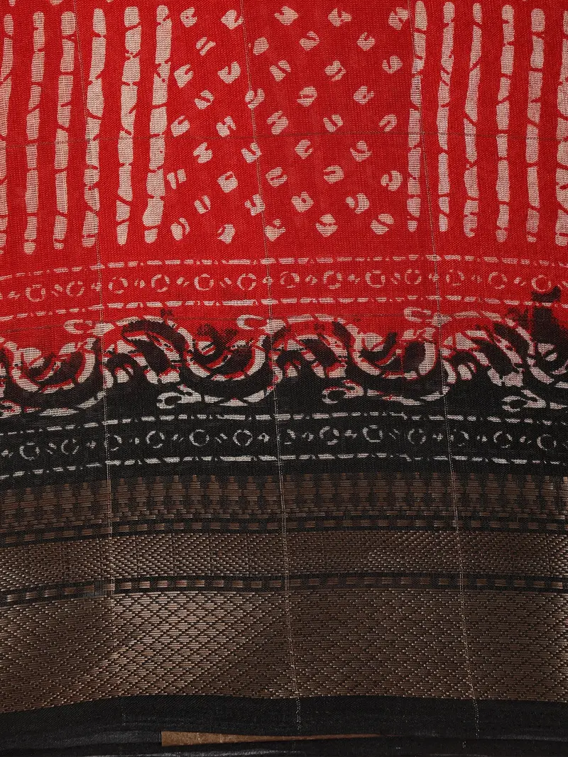 Bright Red Abstract Printed Design Mixed Cotton Fancy Saree With Zari Border 2