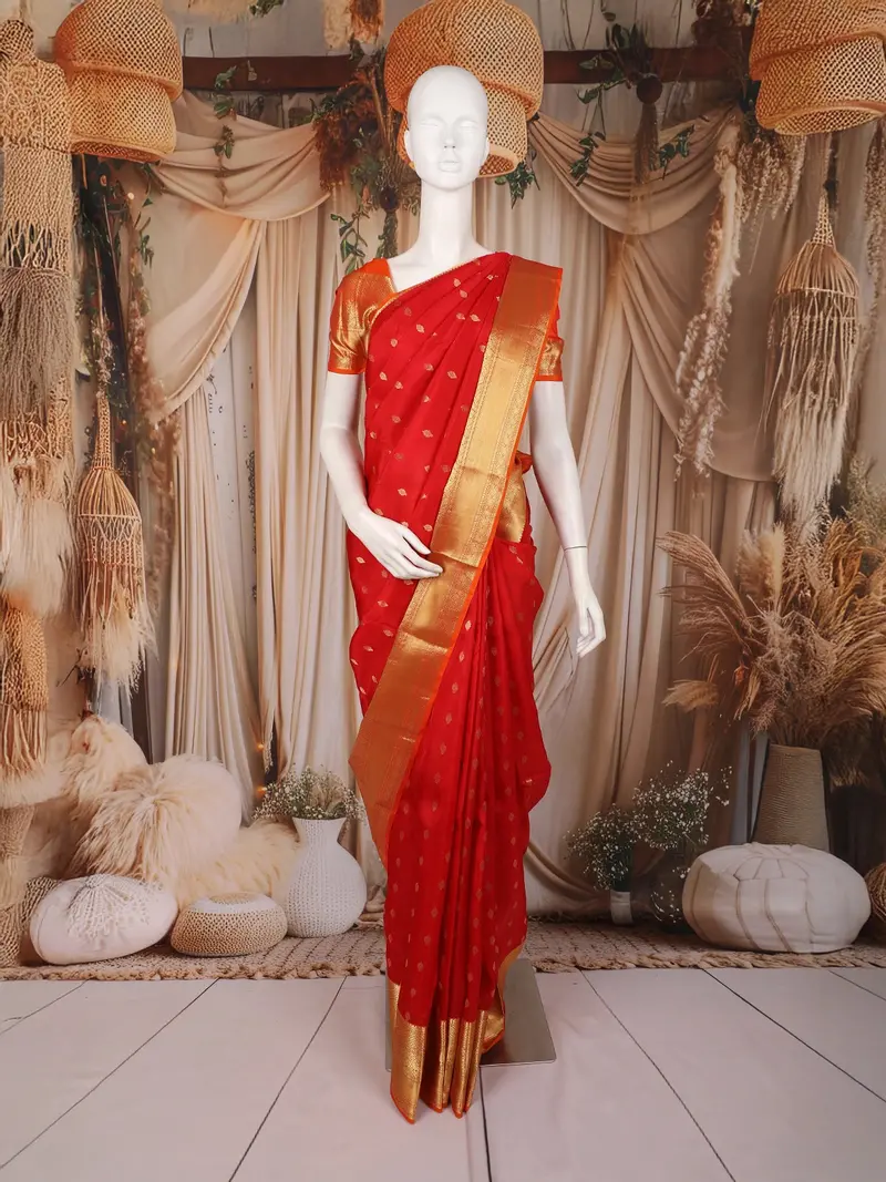 Bright Red Butta Butta Woven Design Pure Kanchipuram Silk Saree With Contrast Border 1